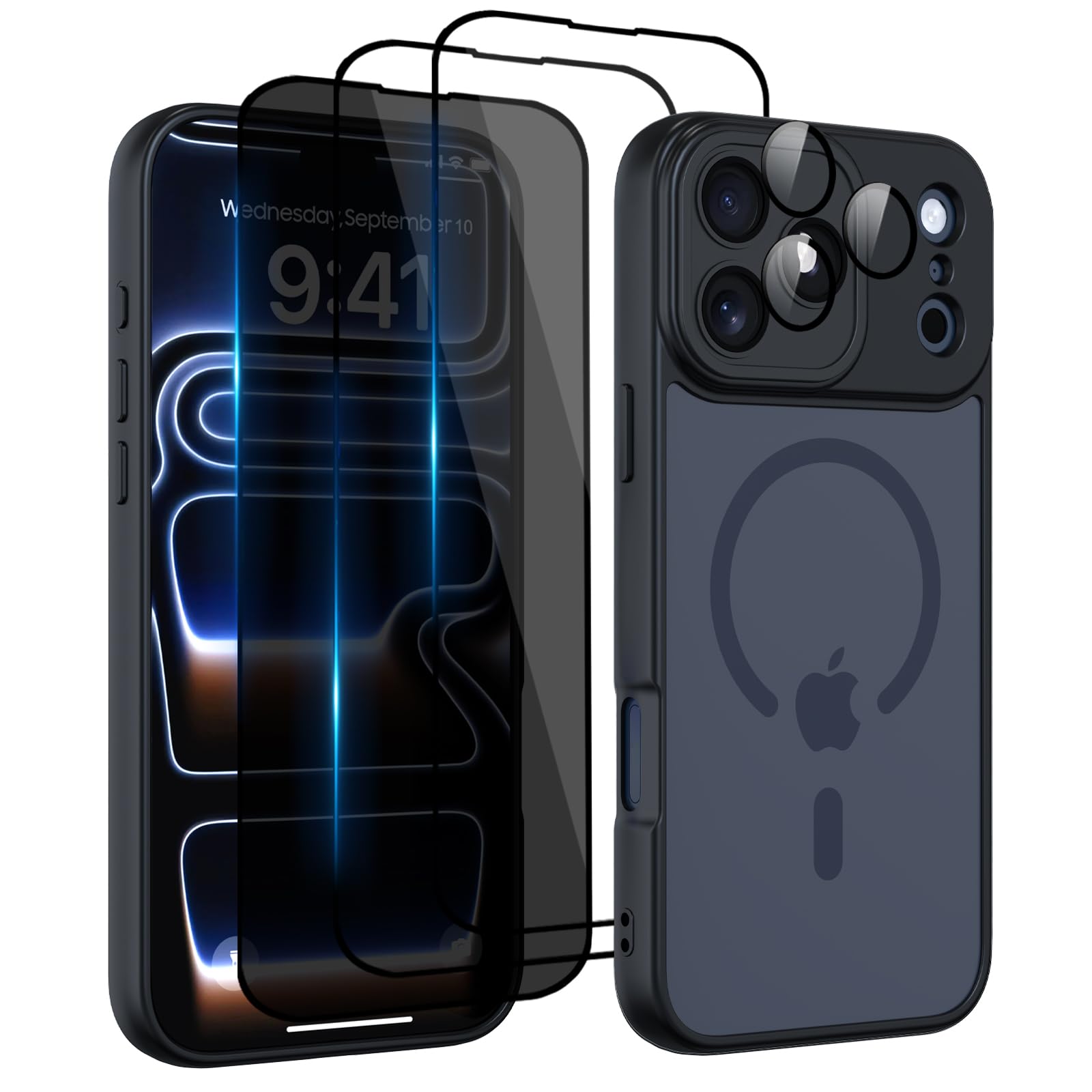 Nupcknn Magnétique Coque pour iPhone 17 Pro Max avec Magsafe et 3 Verre Trempé [HD+HD+Confidentialité][Caméra de Protection complète] Coque Antichoc translucide Mat arrière Anti-Rayures