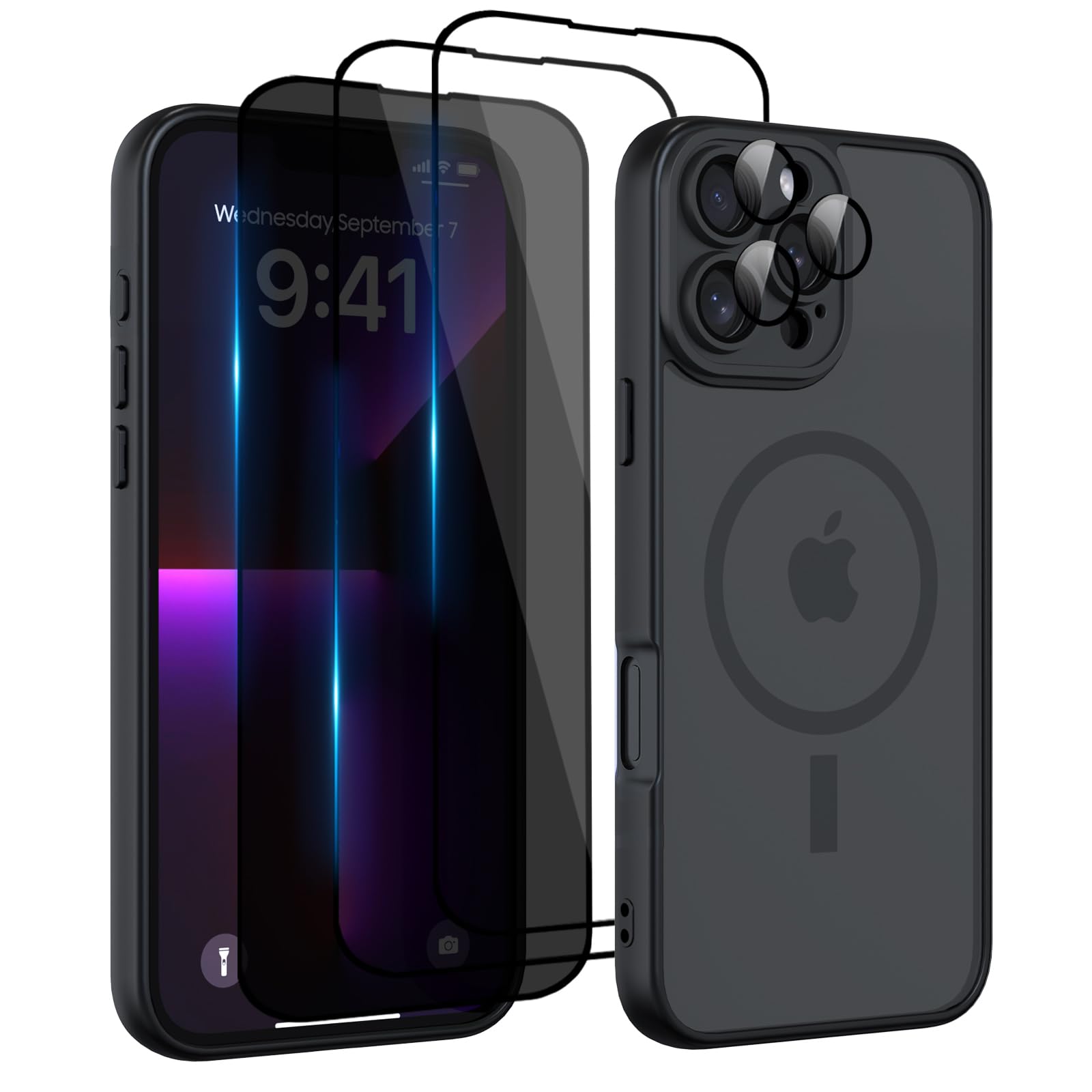 Nupcknn Magnétique Coque pour iPhone 17 Pro Max avec Magsafe et 3 Verre Trempé [HD+HD+Confidentialité][Caméra de Protection complète] Coque Antichoc translucide Mat arrière Anti-Rayures