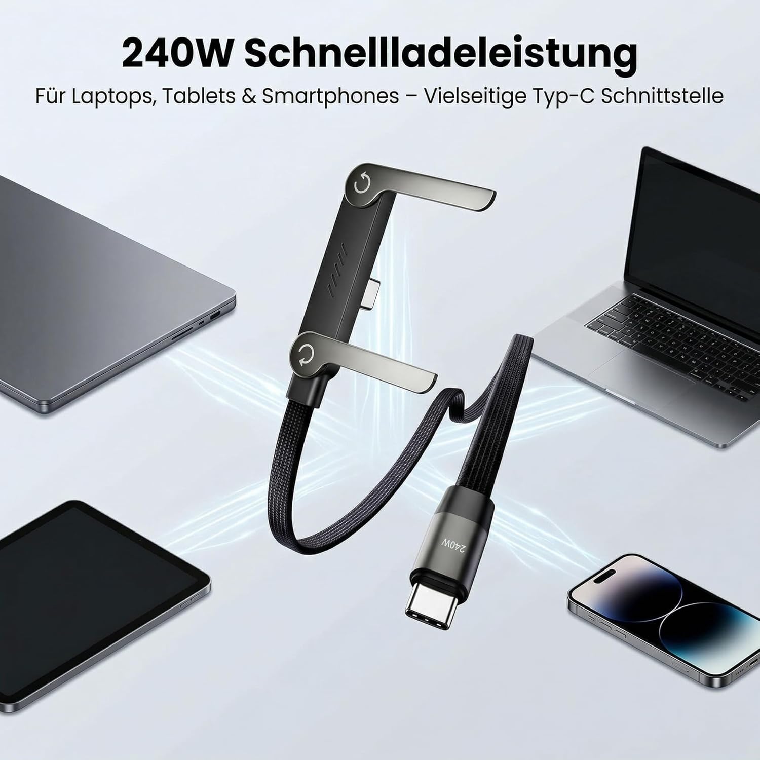 Chargeur Plat et Chargeur Telephone, Cable USB C Charge Rapide avec Usage Mains Libres, Câble 2-en-1 avec Support Intégré, 240W Compatible avec Smartphones, 1,5 M Noir (Version sans Accessoires)