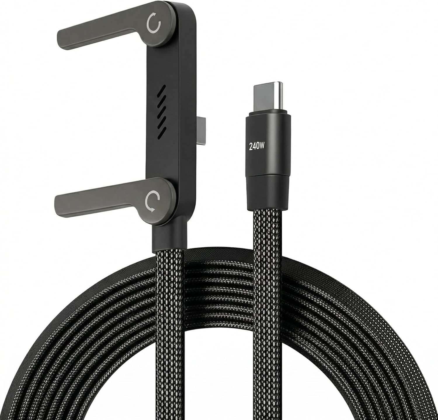 Chargeur Plat et Chargeur Telephone, Cable USB C Charge Rapide avec Usage Mains Libres, Câble 2-en-1 avec Support Intégré, 240W Compatible avec Smartphones, 1,5 M Noir (Version sans Accessoires)