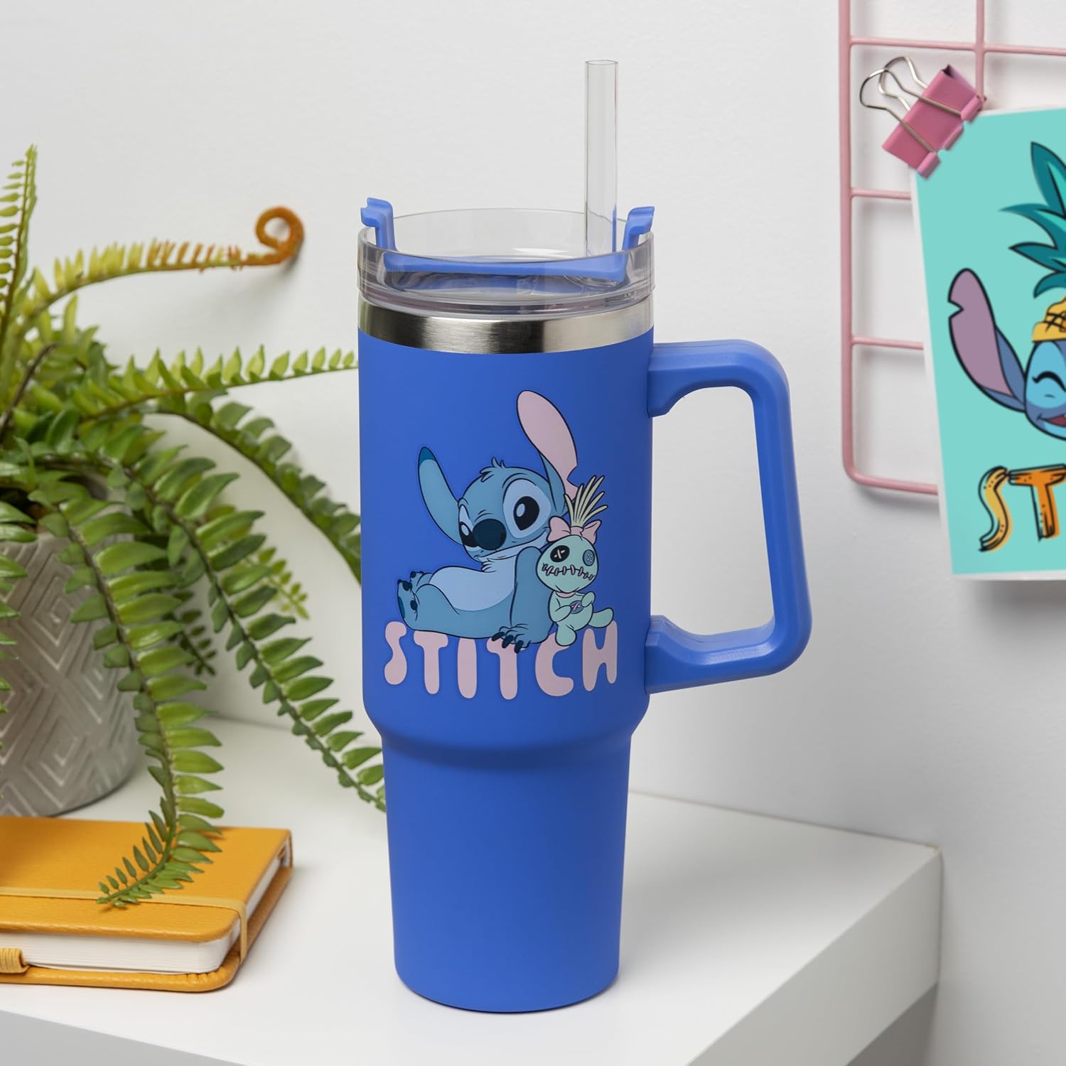 Paladone Tasse de voyage isotherme Disney Stitch avec paille bleue, 900 ml, Produit sous licence officielle avec poignée pour thé glacé ou café