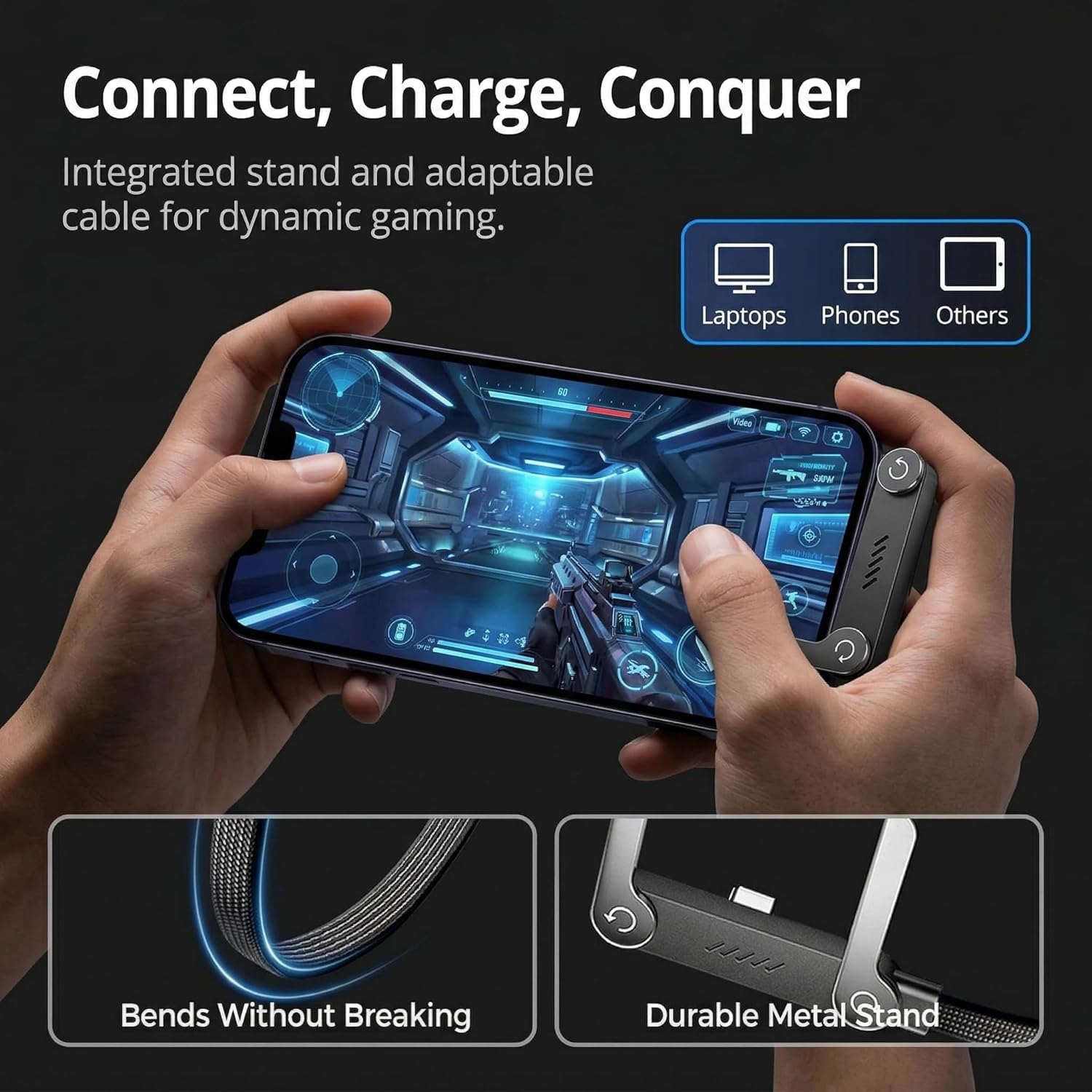 Chargeur Plat et Chargeur Telephone, Cable USB C Charge Rapide avec Usage Mains Libres, Câble 2-en-1 avec Support Intégré, 240W Compatible avec Smartphones, 1,5 M Noir (Version sans Accessoires)